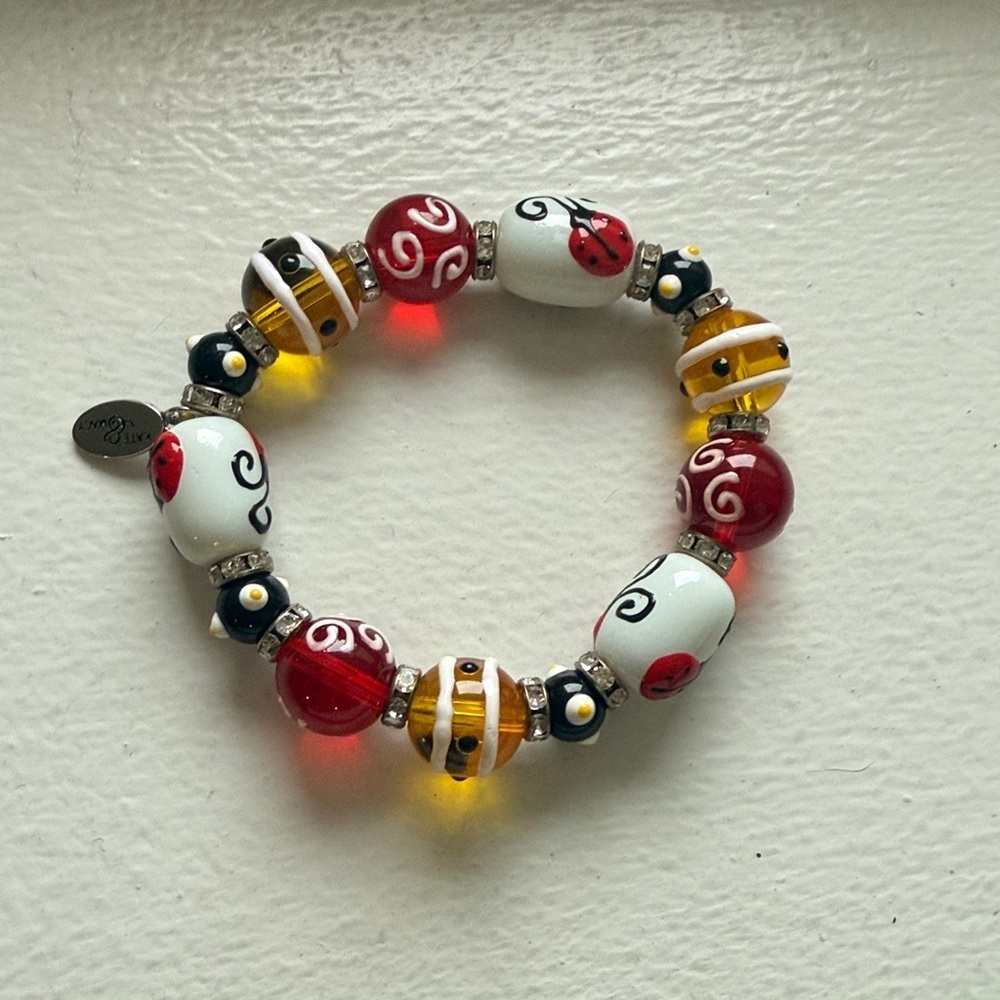 Lady Bug Rhinestone Glass Beaded Kate and Macy Stretch Bracelet EUC